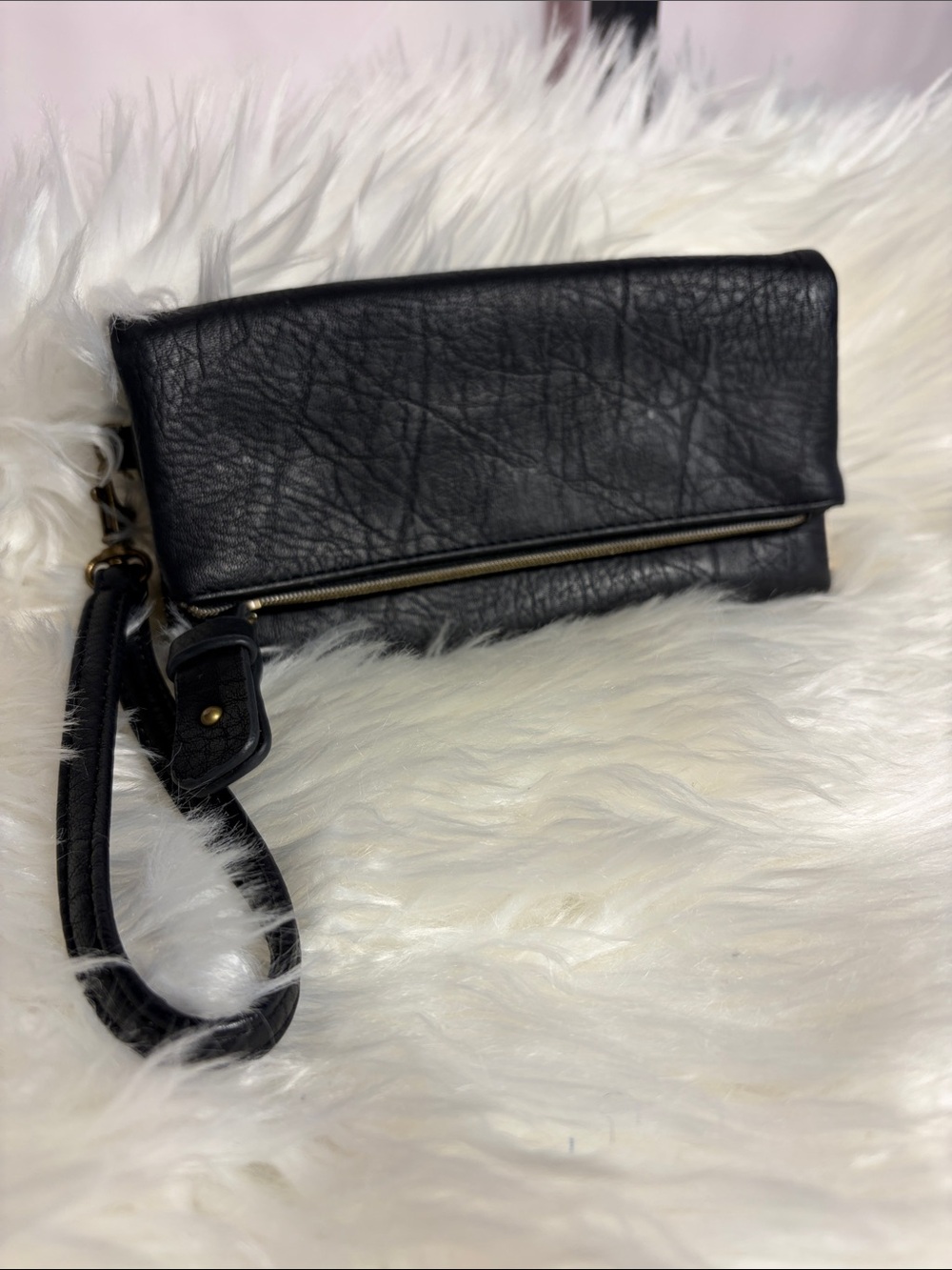 Classic Black Leather Fold-Over Wristlet Clutch
